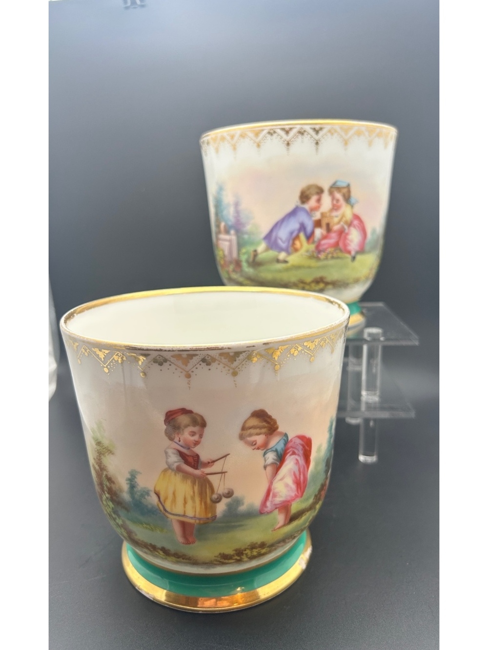 2 Small Painted Planters-Victorian Scenes Children